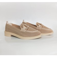 Gdt Ayakkabı Bej Renk Triko Kalın Taban Taşlı Kadın Loafer Ayakkabı