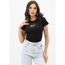 Koza Kadın Taş Işlemeli Nakış Detaylı T-Shirt 1774-25