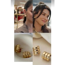 Kadın Premium 3 Sıra Altın Kaplama Gold Bombeli Küpe