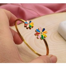 Rahshine Renkli Mineli Çelik Papatya Bileklik | Tasarım Çelik Papatya Bileklik | Altın 18 cm