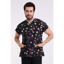 Bilenn Tekstil Yarasa Kol Dijital Unisex Desenli Üst - 6506 Siyah Yıldız Kalp