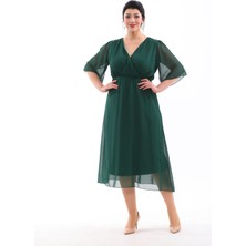 Işıltı Abiye Abiye Şifon Volon Kısa Kol Kruvaze Yaka Kiloş Midi Boy Büyük Beden Abiye Elbise 3096