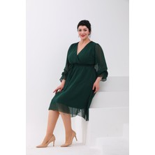 Işıltı Abiye Abiye Kruvaze Yaka Kol Uçları Lastikli Midi Boy Büyük Beden Abiye Elbise 3086