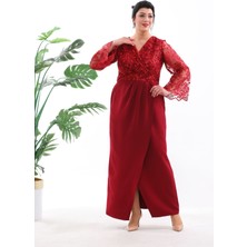 Işıltı Abiye Abiye Dantel Bordo Kruvaze Yaka Valon Kol Önü Pileli Büyük Beden Uzun Abiye Elbise 3092