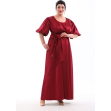 Işıltı Abiye Abiye Saten Yuvarlak Yaka Balon Kol Esnek Kiloş Uzun Büyük Beden Abiye Elbise 3094