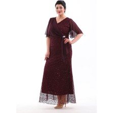 Işıltı Abiye Abiye Payet Şifon Detay Balık Model Kısa Kol Büyük Beden Abiye Elbise 3099