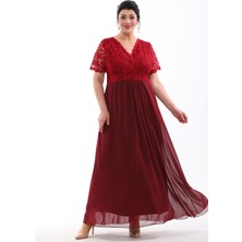 Işıltı Abiye Abiye Dantel Şifon Kruvaze Yaka Kısa Kol Kiloş Büyük Beden Uzun Abiye Elbise 3102