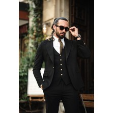Sardınelli Mono Yaka Özel Tasarım Gold Detaylı Slim Fit Takım Elbise Siyah