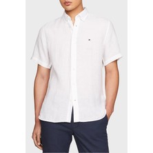 Tommy Hilfiger Düğmeli Yaka Kısa Kollu % 100 Keten Regular Fit Gömlek Erkek Gömlek MW0MW35207 Ycf