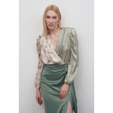 Sateen Çift Desenli Kruvaze Bodysuit Bluz - Çağla Yeşili