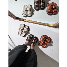 Eataly Shoes India Siyah Deri Çift Bantlı Gold Tokalı Terlik