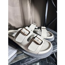 Eataly Shoes India Bej Deri Çift Bantlı Gold Tokalı Terlik