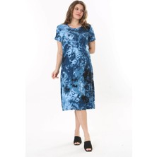 Mooi XXL Kadın Mavi Batik Desen Midi Elbise