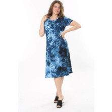Mooi XXL Kadın Mavi Batik Desen Midi Elbise