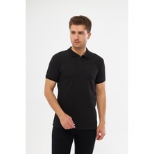 MRS Clothing Black Polo Yaka Standart Kalıp Nakış Detaylı Düz Erkek Tişört Siyah