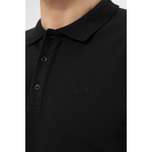 MRS Clothing Black Polo Yaka Standart Kalıp Nakış Detaylı Düz Erkek Tişört Siyah