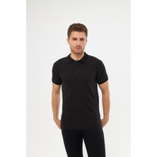 MRS Clothing Black Polo Yaka Standart Kalıp Nakış Detaylı Düz Erkek Tişört Siyah