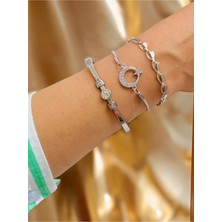 Xesha Gümüş Kaplama 3 Lü Kombin Bileklik Seti Gümüş Renk Kadın Zincir Bilezik Künye Asansör Pandora