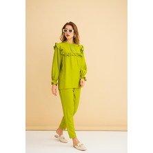 Basic Park Porty Taş Işlemeli ve Fırfır Detaylı Olive Tunik Pantolon Takım