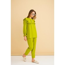 Basic Park Porty Taş Işlemeli ve Fırfır Detaylı Olive Tunik Pantolon Takım