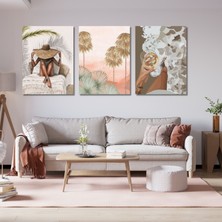 Gaagart 3'lü Kanvas Duvar Tablosu Boho Şarap Içen Kadın ve Okaliptüs