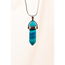 Royaleks Mavi Akik Doğal Taşı Zincirli El Yapımı Tasarımlı Kolye Uç: 3,5 cm Zincir: 20 cm Kutulu