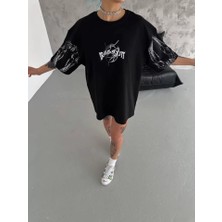 Stock Mount  Bisiklet Yaka Baskılı Oversize T-Shirt - Siyah