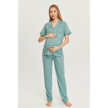 Likapa Penye Önden Düğmeli Hamile Lohusa Kısa Kol Pijama Takımı , Cotton