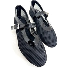 Dicle Polat Shoes Alisa Siyah Fileli Kemer Detaylı Kadın Babet