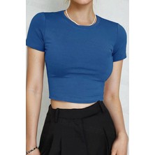 Teenage Millionaire Kadın Mavi Bisiklet Yaka Likralı Kısa Kol Body Crop Bluz