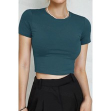 Teenage Millionaire Kadın Petrol Yeşili Bisiklet Yaka Likralı Kısa Kol Body Crop Bluz