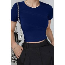 Teenage Millionaire Kadın Lacivert Bisiklet Yaka Likralı Kısa Kol Body Crop Bluz