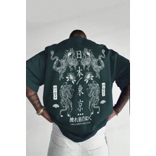 Teenage Millionaire Erkek Dragon Baskılı Petrol Yeşili Bisiklet Yaka Oversize Salaş T-Shirt