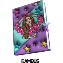 Bambus Home 3 Boyutlu Baskılı Mor Kapaklı Kilitli Hatıra Defteri Kızlar İçin Şık Tasarım