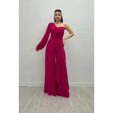 Giyimmasalı Şifon Kumaş Tek Kol Detaylı Tulum - Fuşya