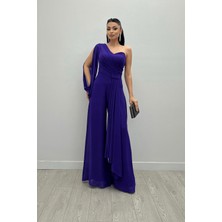 Giyimmasalı Şifon Kumaş Tek Kol Detaylı Tulum - Mor