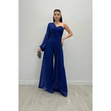 Giyimmasalı Şifon Kumaş Tek Kol Detaylı Tulum - Saks Mavi