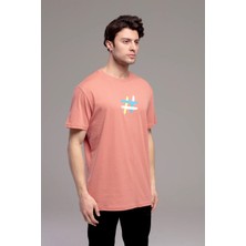 Catch Unisex Baskılı  Bol Kalıp Tişört Kiremit Rengi Y-727