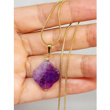 Yaşam Tohumu Ametist Taşı Kolye Ucu Yonca Temalı Altın Kaplama Zincirli (49808)