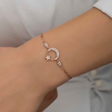 Kaite 925 Ayar Gümüş Rose Ay Yıldız Kadın Bileklik