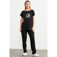 Sementa Baskılı Pantolon Bluz Penye Takım - Siyah