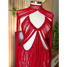 Zuviel Deco El Yapımı Ekru Makrome Elbise, Plaj Elbisesi,festival Elbisesi Kırmızı / Standart