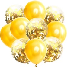 Parti Furyası Gold Konfetili Şeffaf Balon Ve sarı Balon Seti  20 Adet 