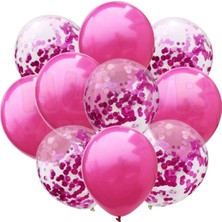 Parti Furyası Pembe Konfetili Şeffaf Balon Ve fuşya Balon Seti  20 Adet 