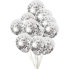 Parti Furyası Gümüş Konfetili Şeffaf Balon  Seti  10 Adet 