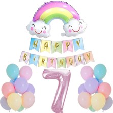 Parti Furyası Makaron Gökkuşağı Doğum Günü 7 yaş Parti Seti,rakam,gökkuşağı Folyo,banner ve 15 Adet Balon