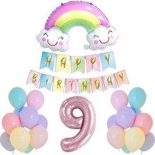 Parti Furyası Makaron Gökkuşağı Doğum Günü 9 yaş Parti Seti,rakam,gökkuşağı Folyo,banner ve 15 Adet Balon