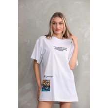 Tarz Yeri Unisex Bisiklet Yaka Baskılı Oversize T-Shirt - Beyaz