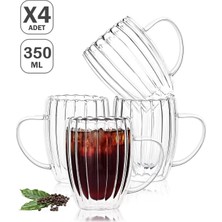 Berdina Home 4'lü Çift Cidarlı 350 ml Kulplu Isıya Dayanıklı Cam Bardak Burgulu Çay Süt Kahve Kupası Bardağı Set