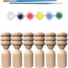 Alg Wood Montessori Toys Ahşap El Yapımı Peg Bebek 6'lı Boyama Seti Fırça Boya Dahil -5074